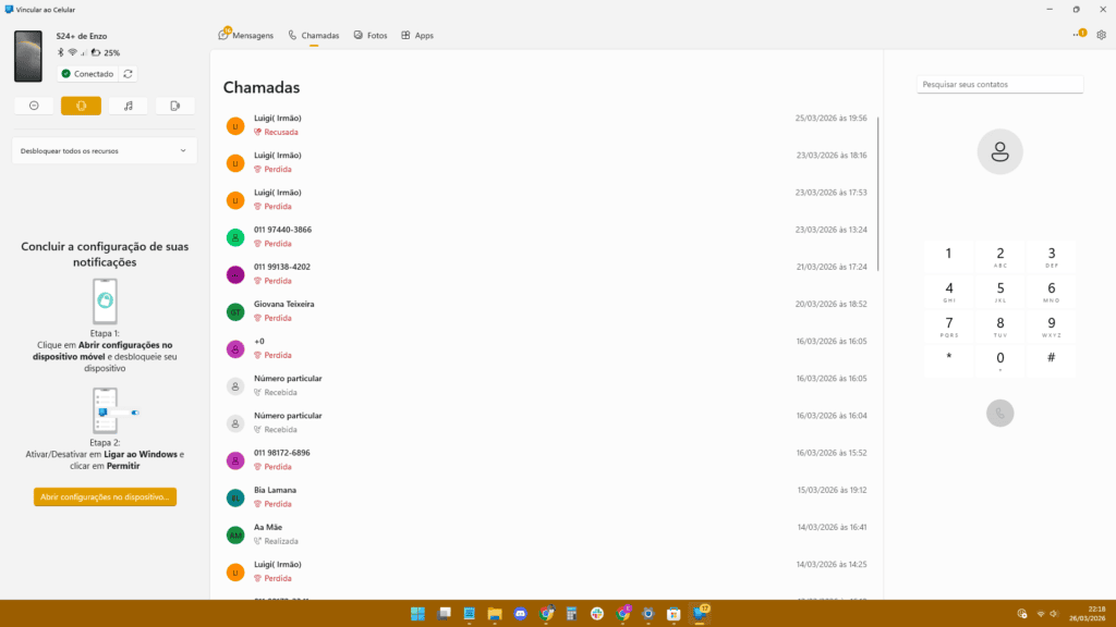 Tela do aplicativo vincular ao celular. O menu mostra atividade do celular, histórico de ligações e mensagens, notificações não lidas e mais.