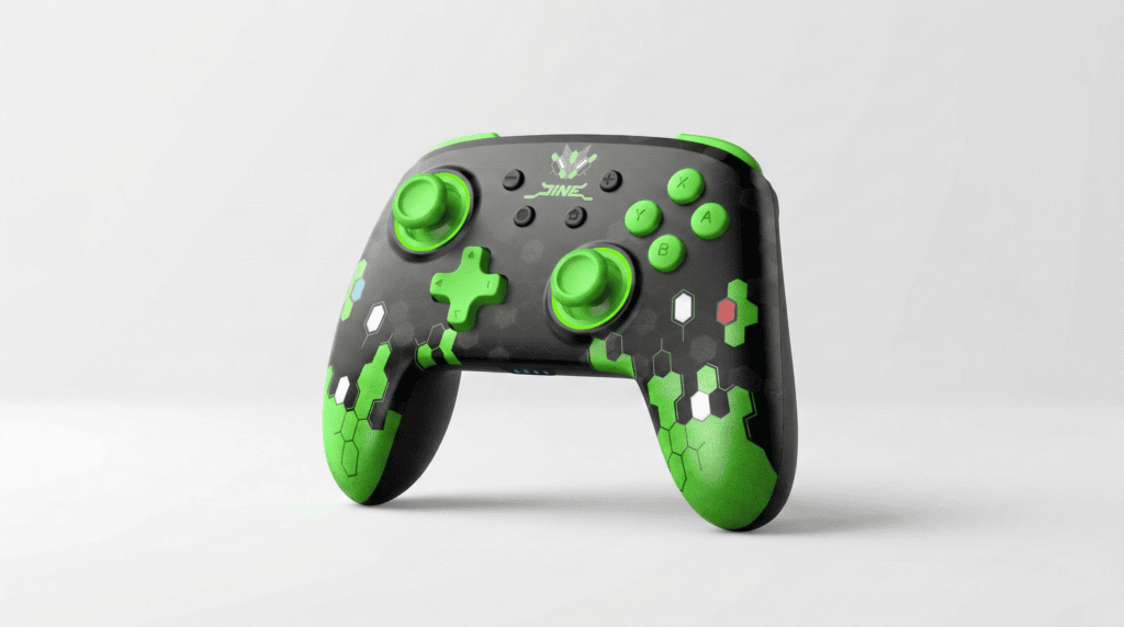 20 acessórios do nintendo switch 1 e 2 que você precisa conhecer! Controle nintendo switch com detalhes verdes e preto, ideal para gamers.