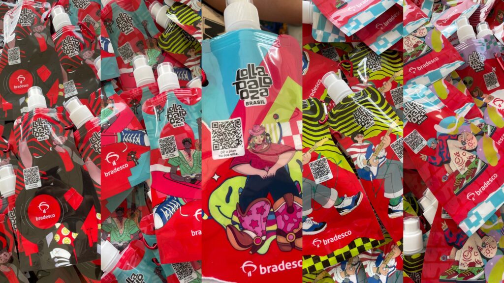 Guia de brindes do lollapalooza 2026: mini-câmeras, maquiagem e muito mais! Garrafa do bradesco como um dos brindes do lollapalooza 2026