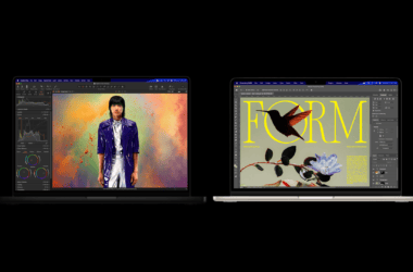 Two open MacBooks displaying photo editing and graphic design software with m5, m5 pro, and m5 max chips.