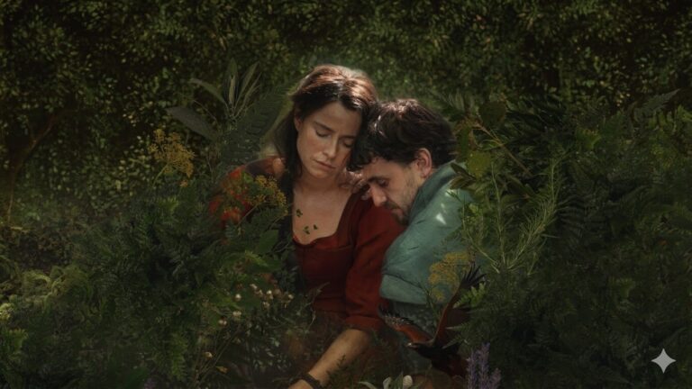 Imagem de um casal em um jardim, olhando com atenção para algo à sua frente.
