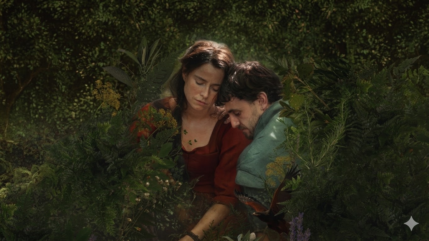 Imagem de um casal em um jardim, olhando com atenção para algo à sua frente.