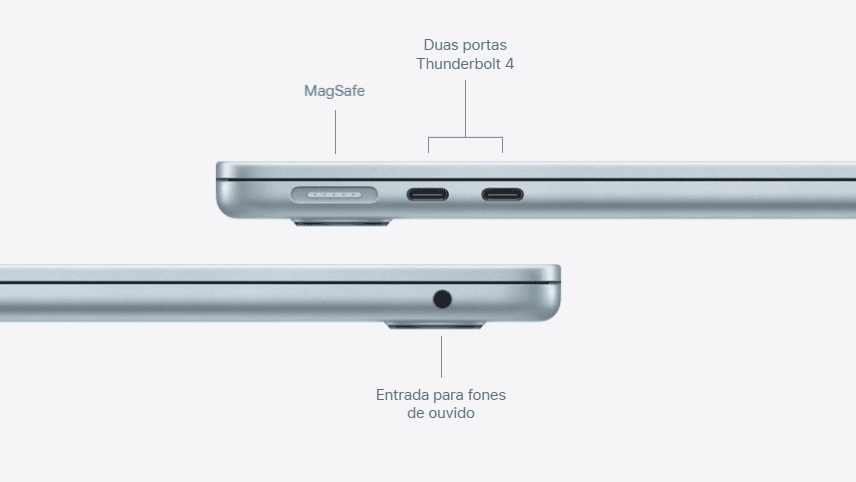 Apple apresenta novos macbooks e macbook air com chips m5, m5 pro e m5 max Porta de carregamento, duas portas thunderbolt 4 e entrada para fones de ouvido.