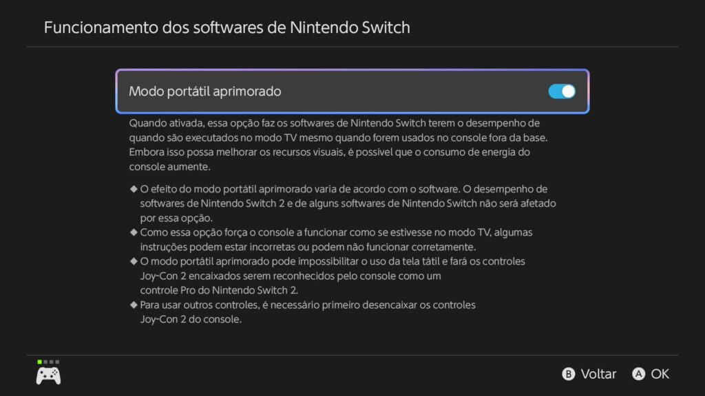 Dentro de "funcionamento dos softwares de nintendo switch", você encontra a opção que permite ativar ou desativar, quando quiser, o modo portátil aprimorado. (foto: reprodução/luiz antonio costa/showmetech)