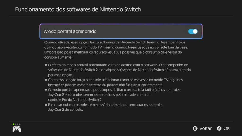 Atualização do nintendo switch 2 melhora a resolução de jogos do nintendo switch 1 Dentro de "funcionamento dos softwares de nintendo switch", você encontra a opção que permite ativar ou desativar, quando quiser, o modo portátil aprimorado. (foto: reprodução/luiz antonio costa/showmetech)