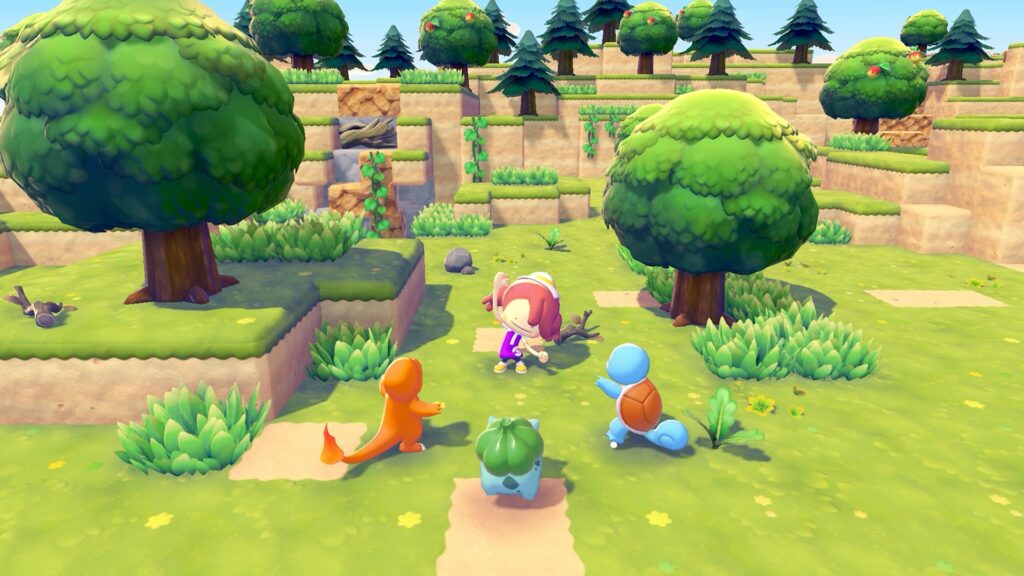 Imagem de personagens explorando uma floresta no jogo pokémon pokopia no nintendo switch.