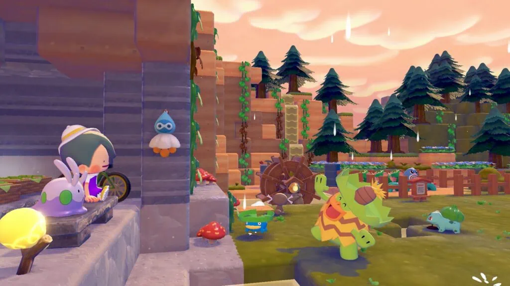 Review: pokémon pokopia é uma aventura diferente e relaxante no nintendo switch 2 Imagem de personagem pokémon e criaturas em ambiente natural vibrante.