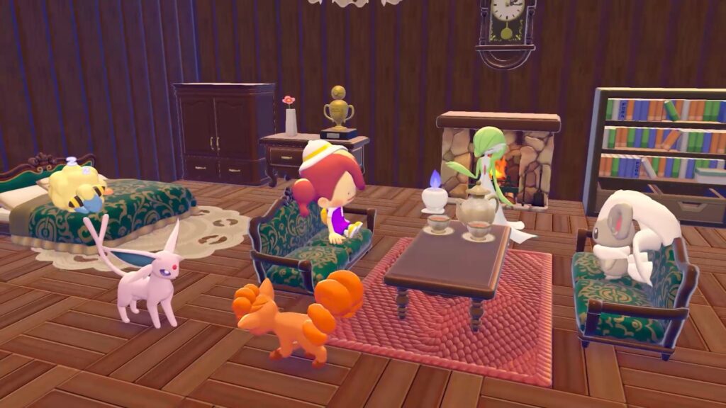 Pokémon em uma sala de estar com móveis e decoração acolhedora.