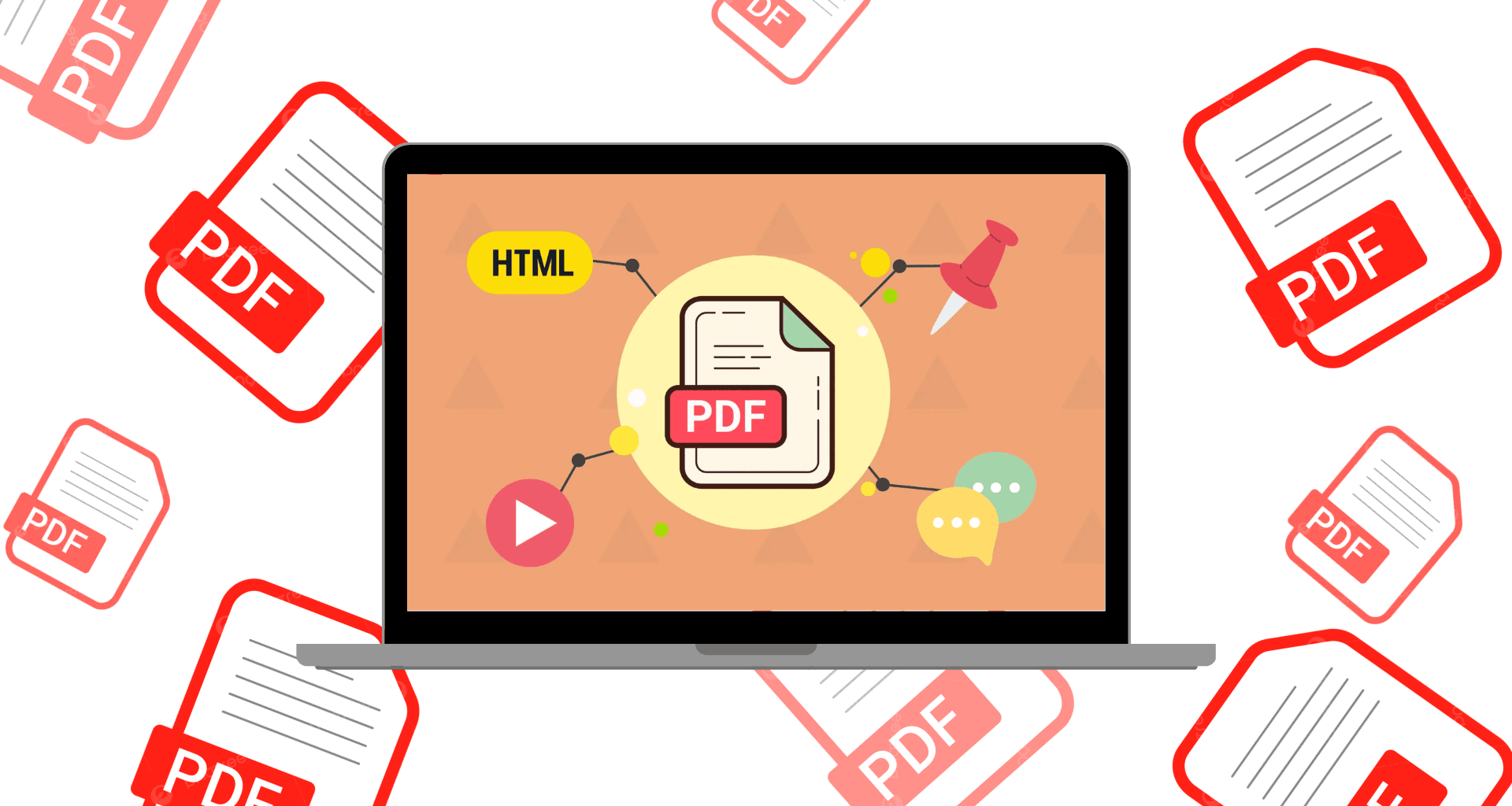 Imagem ilustrativa de um laptop com ícones de pdf, html, e ferramentas de edição de documentos digit.