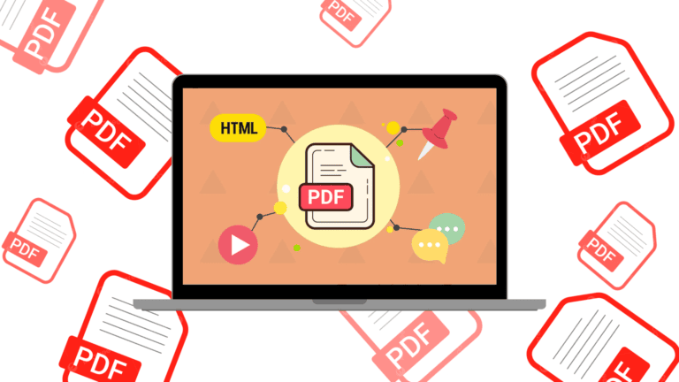 Imagem ilustrativa de um laptop com ícones de pdf, html, e ferramentas de edição de documentos digit.