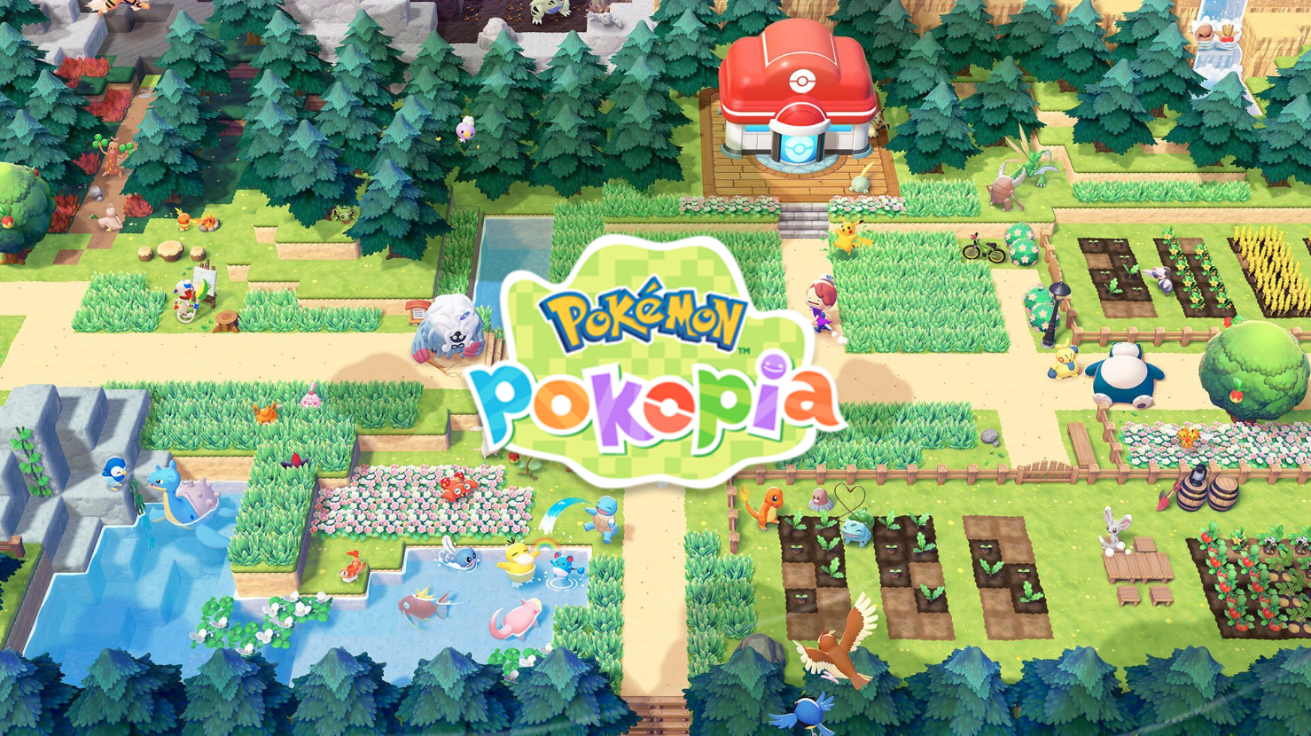 Imagem de pokémon pokopia com ambientes coloridos e áreas de cultivo no nintendo switch.