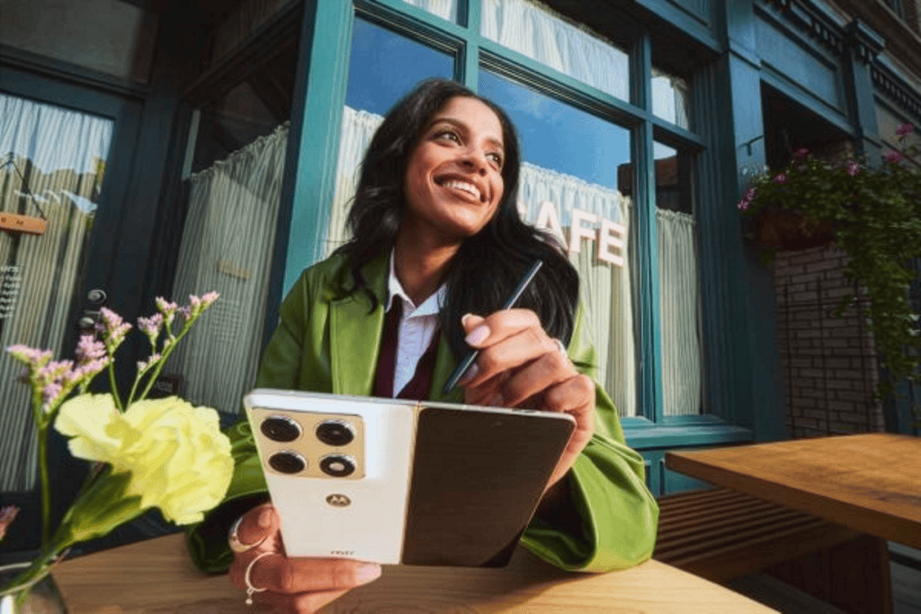 Razr fold da motorola exibido no mwc 2026, com design dobrável inovador.