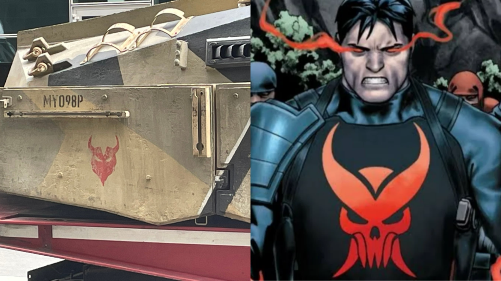 Homem-aranha 4: veja tudo que sabemos sobre o filme Tanque com símbolo (à esquerda) parecido com a marca da organização criminosa liderada por senhor negativo (direita). (foto: reprodução)