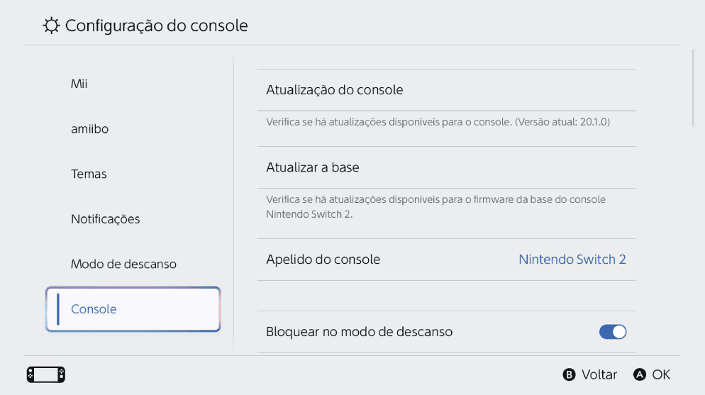 Atualização do nintendo switch 2 melhora a resolução de jogos do nintendo switch 1 Tela dentro do menu "configuração do console", que, assim que clicada, abre diversos atalhos. Para o prosseguimento do passo a passo, selecione a primeira opção "atualização do console". (foto: reprodução/nintendo)