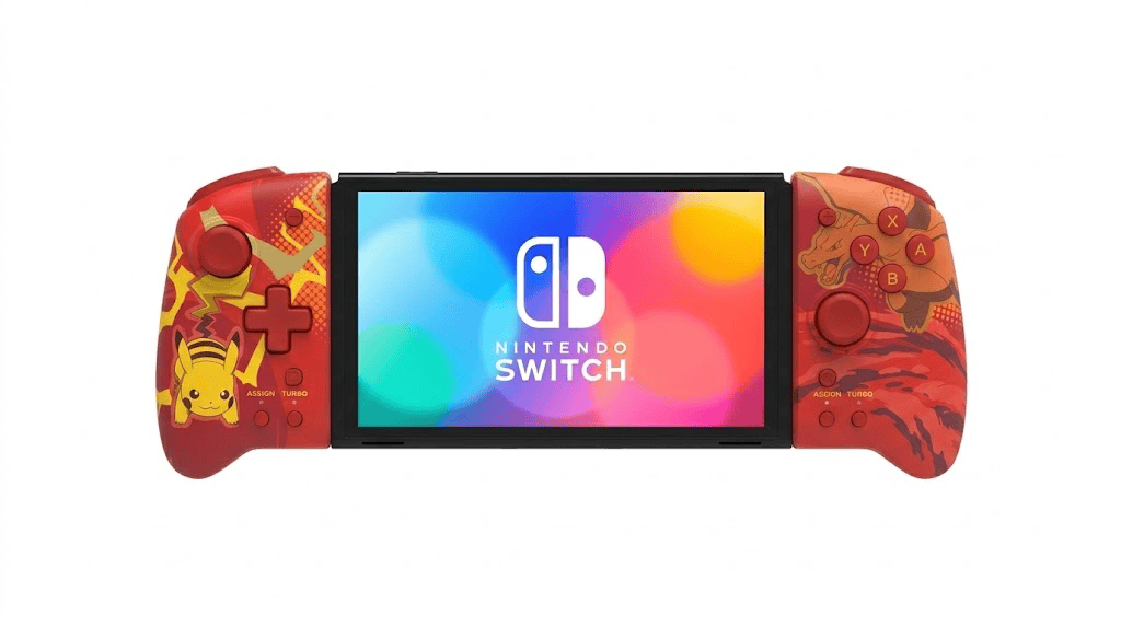 20 acessórios do nintendo switch 1 e 2 que você precisa conhecer! Controle nintendo switch com design vibrante e detalhes em vermelho e amarelo.