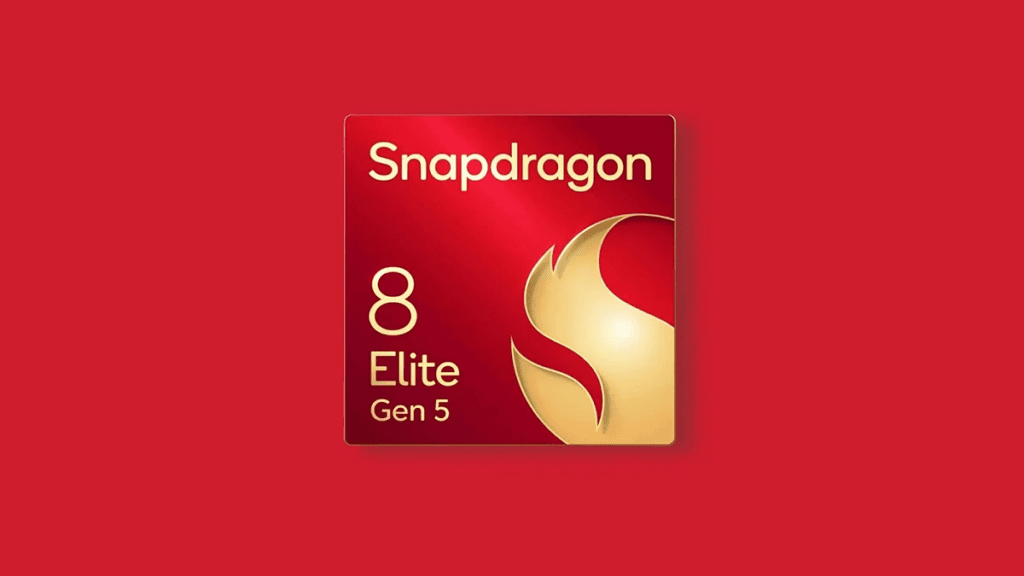 Logo do processador snapdragon 8 elite gen 5 em fundo vermelho.