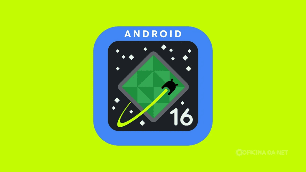 Ícone do android 16 com fundo verde e detalhes em preto e branco, representando o sistema operaciona.