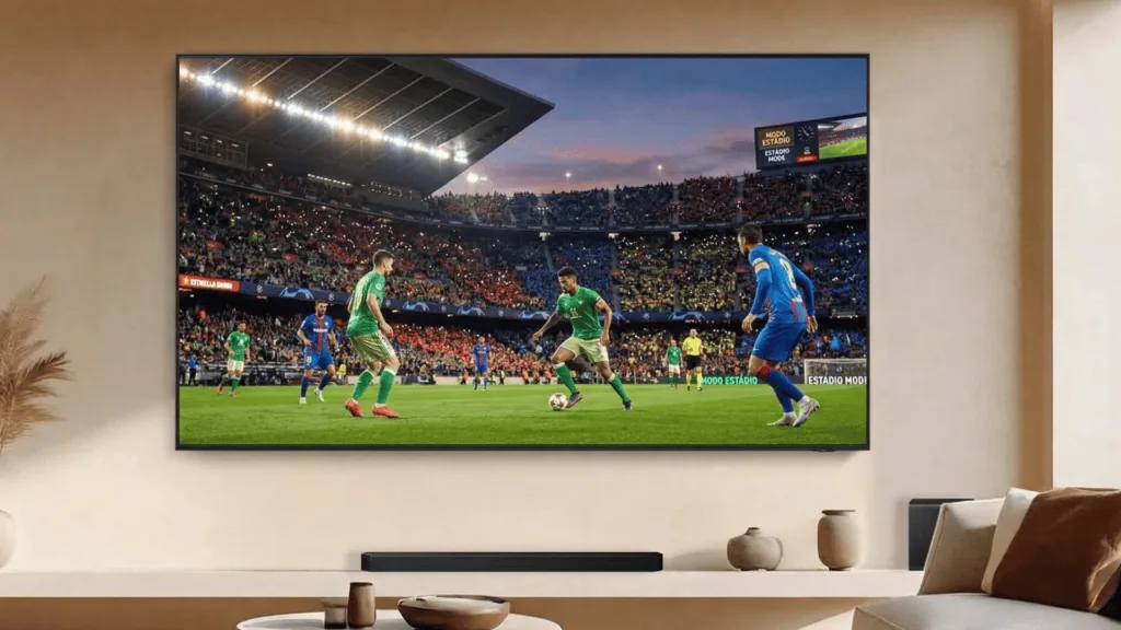 Samsung lança modo estádio para melhores transmissões de futebol em smart tvs Imagem de uma partida de futebol em uma smart tv samsung com modo estádio ativado.