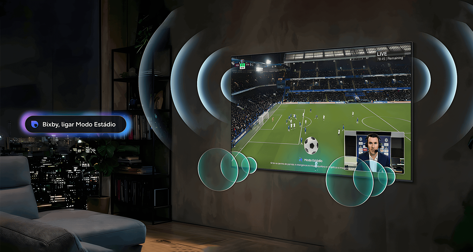 Smart TV screen displaying a football game with stadium mode activated, surround sound and visual effects.