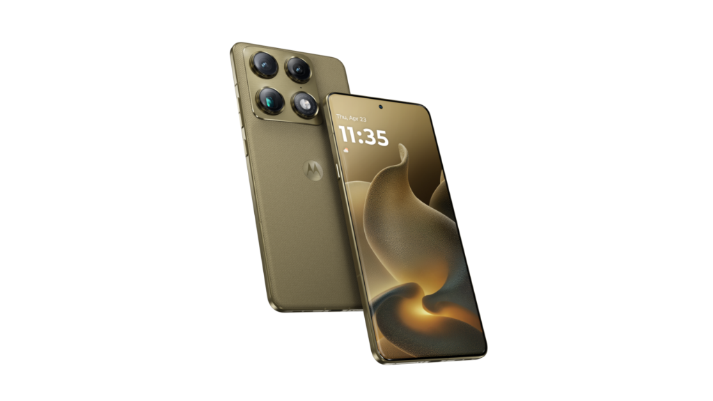 Smartphone motorola signature dourado com câmeras tripla e tela grande.