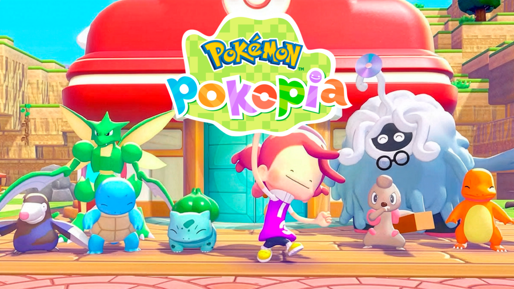 Pokémon pokopia: crie seu próprio paraíso no nintendo switch 2 Cena colorida do jogo pokémon pokepia com personagens e criaturas fofas em frente a uma loja.