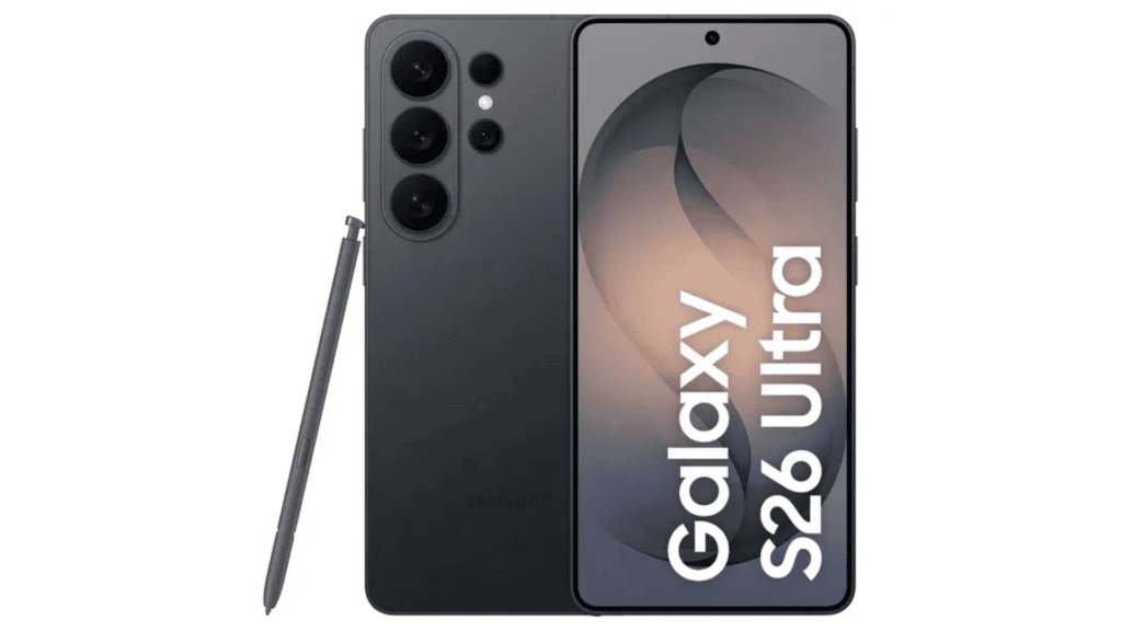 Imagem do galaxy s26 ultra com caneta stylus ao lado.