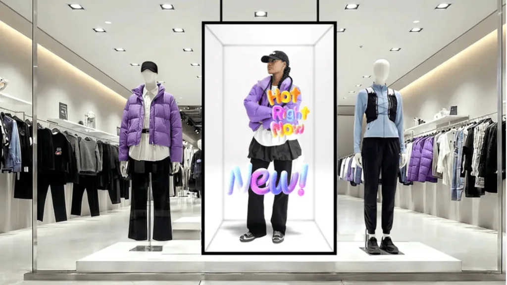 Samsung lança spatial signage, display 3d para o varejo que elimina uso de óculos Vitrine com roupas modernas e coloridas.