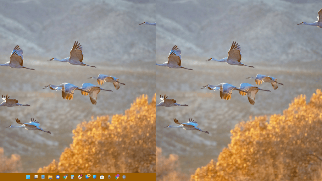 33 trucs et astuces pour améliorer Windows 11 Comparaison de l'écran d'accueil de l'ordinateur avec la barre des tâches visible (à gauche) et masquée (à droite).