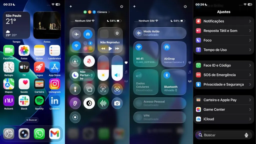 Review: iphone 17e combina economia, inovação e durabilidade Com o liquid glass habilitado para trazer charme na home (esquerda), o sistema operacional chega com os mesmos comandos e facilidades de acesso em ajustes (extrema direita) e ao acessar a central de controle (centro-esquerda e centro-direita). (foto: reprodução/enzo sapio/showmetech)