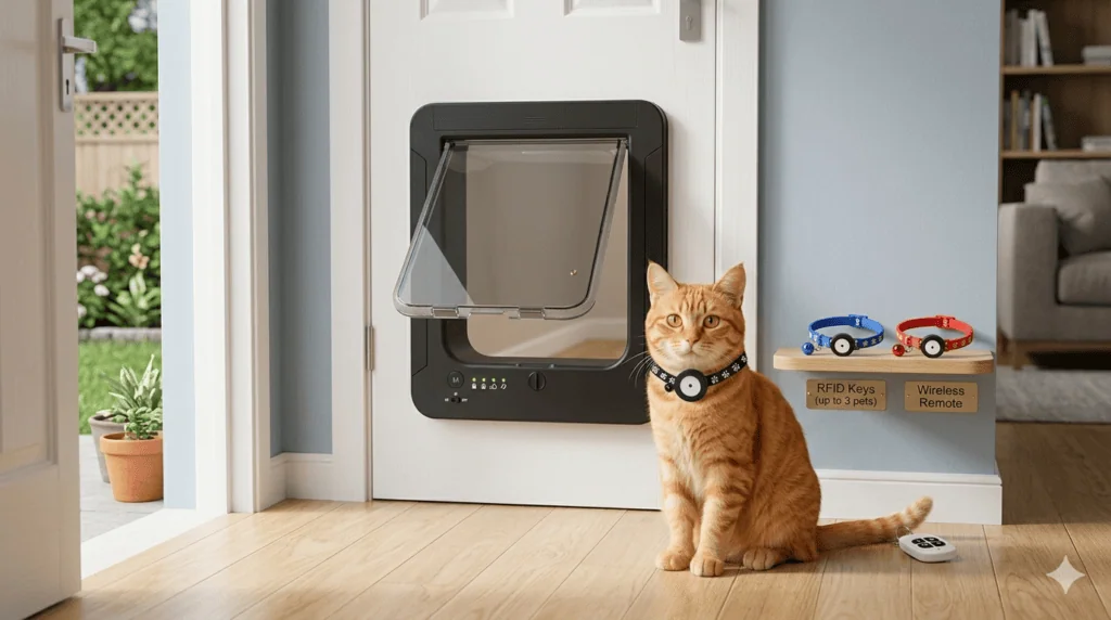 Veja os 30 melhores produtos tecnológicos para pets Imagem ilustrativa da porta inteligente fantspati para gatos com chaves rfid