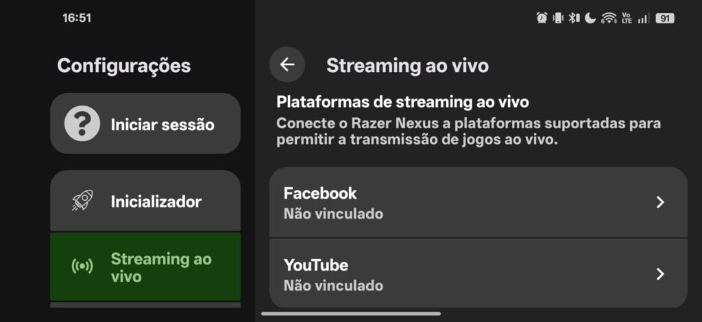 Configuração de streaming no razer nexus