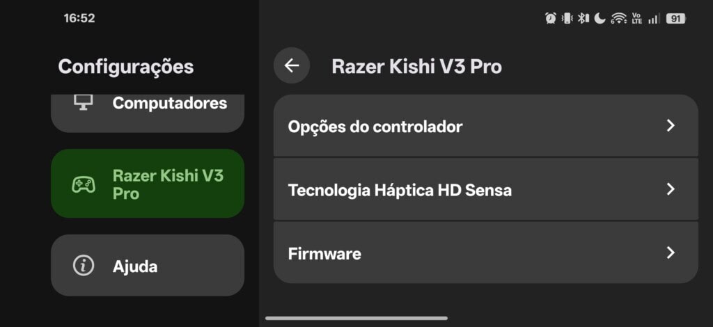 Configurações do razer kishi v3 pro no app razer nexus