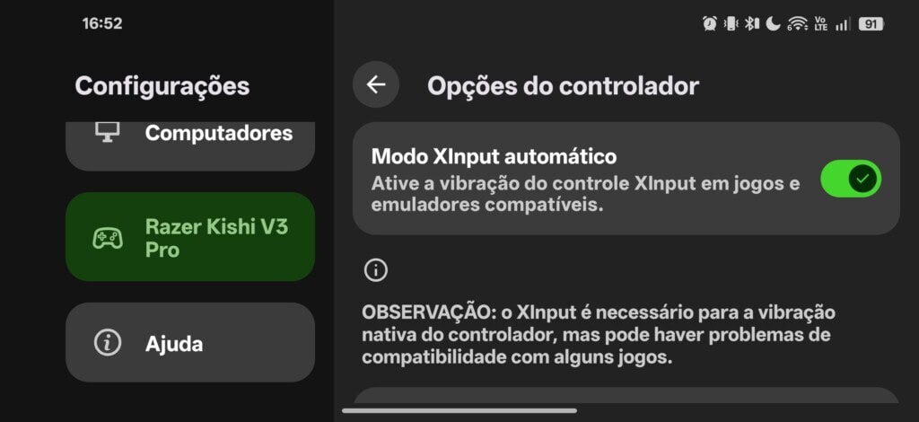 Configurações do razer kishi v3 pro no app razer nexus