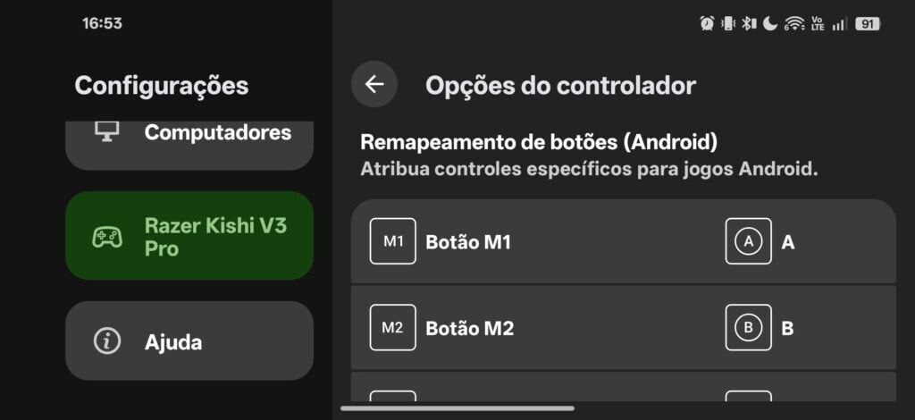 Configurações do razer kishi v3 pro no app razer nexus