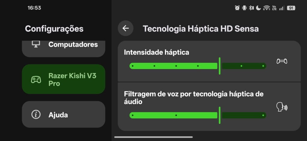 Configurações do razer kishi v3 pro no app razer nexus
