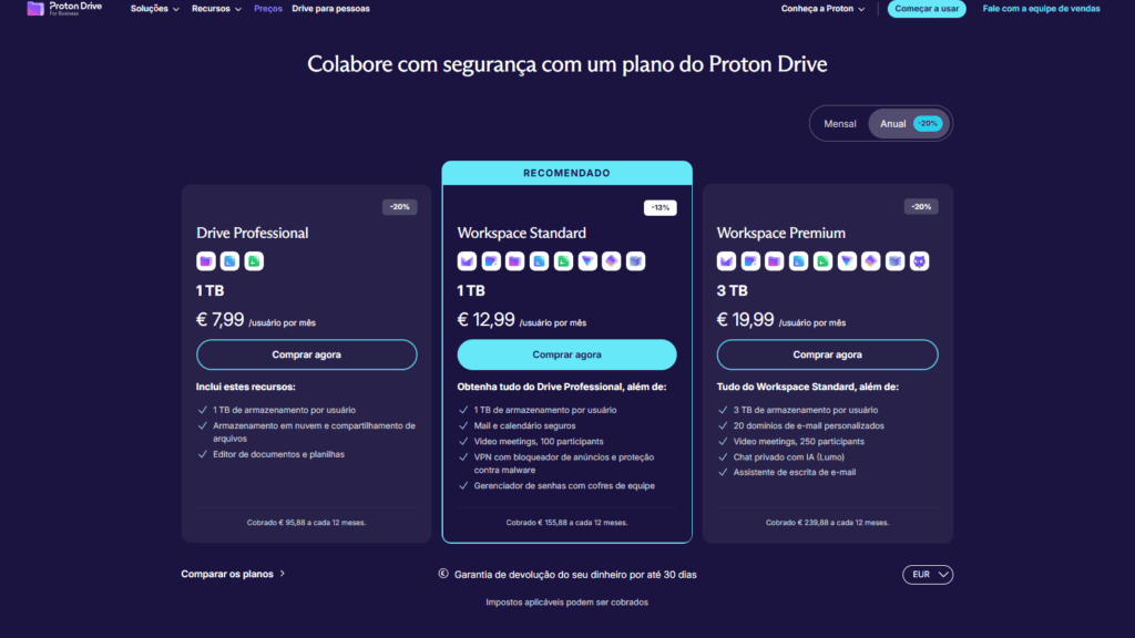 Precisa de armazenamento em nuvem empresarial? Conheça o proton drive Planos e preços