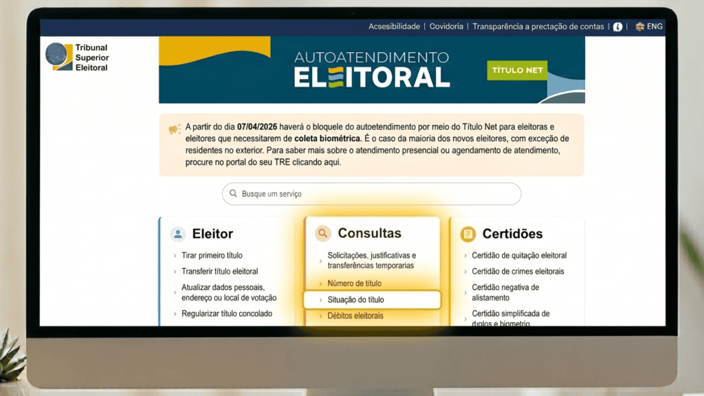 Foto do site do tse para começar o processo de regularizar o título eleitoral