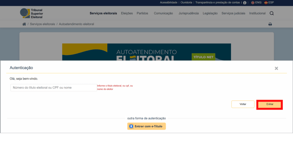 Foto do site do tse para começar o processo de regularizar o título eleitoral