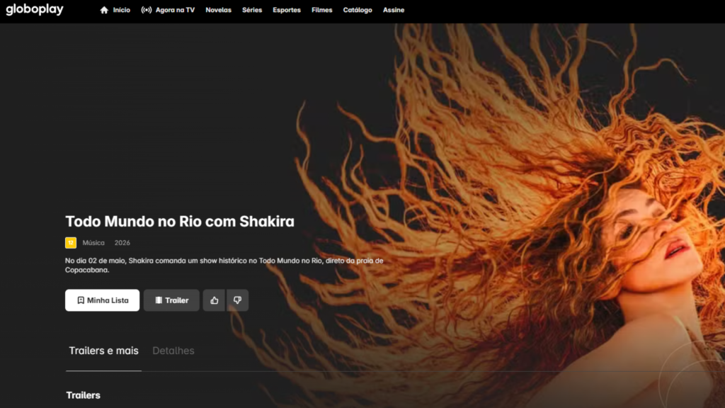 Tela do globoplay do show da shakira em copacabana