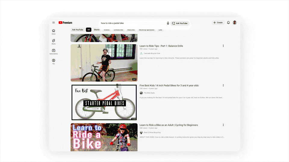 Demonstração do pergunte ao youtube mostrando resposta de ia para uma busca sobre freios de bicicleta