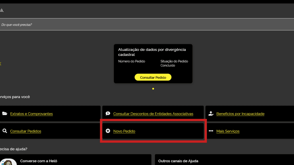 Veja como fazer ou atualizar o rg, cin, cpf, cnh, e-título e outros documentos online Página do inss destacando o botão novo pedido