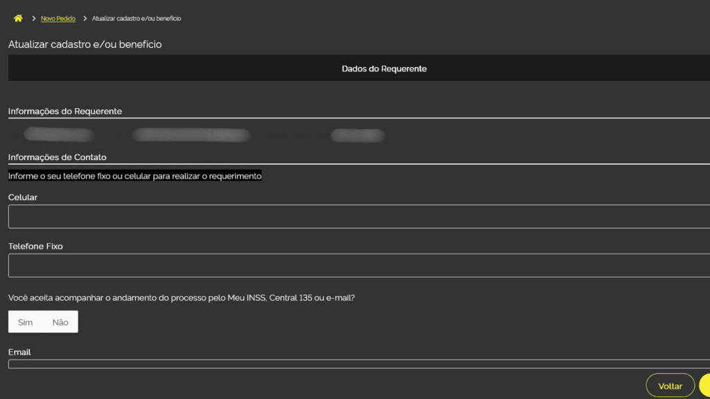 Veja como fazer ou atualizar o rg, cin, cpf, cnh, e-título e outros documentos online Formulário do inss requisitando dados do requerente