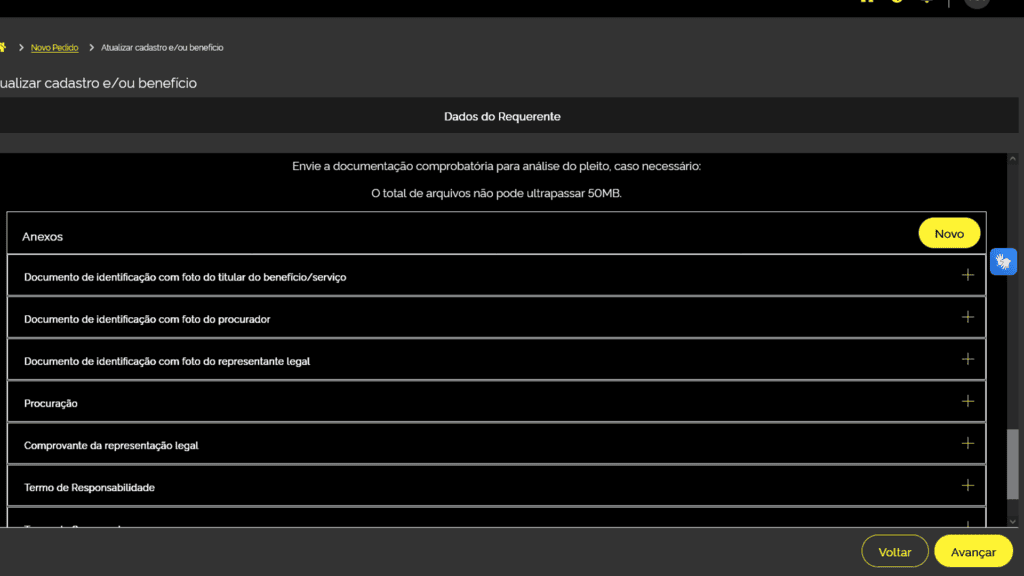 Veja como fazer ou atualizar o rg, cin, cpf, cnh, e-título e outros documentos online Seção do formulário do inss pedindo anexos de documentos pessoais