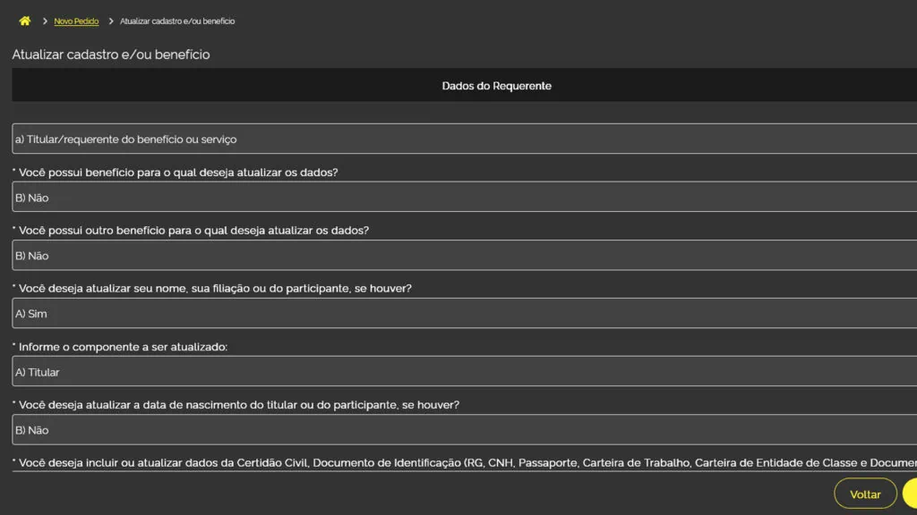 Veja como fazer ou atualizar o rg, cin, cpf, cnh, e-título e outros documentos online Formulário do inss com perguntas sobre qual alteração o requerente deseja fazer