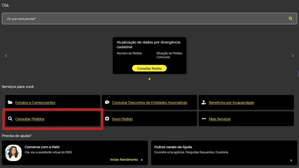 Veja como fazer ou atualizar o rg, cin, cpf, cnh, e-título e outros documentos online Página inicial do inss destacando o botão consultar pedidos