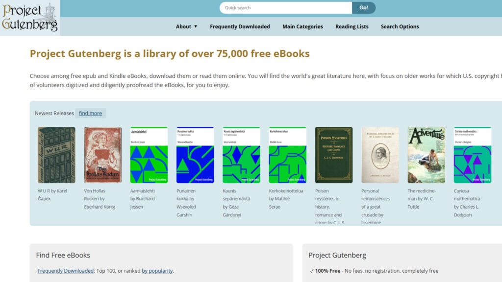 អេក្រង់​ទំព័រ​ដើម​នៃ​គម្រោង Gutenberg។