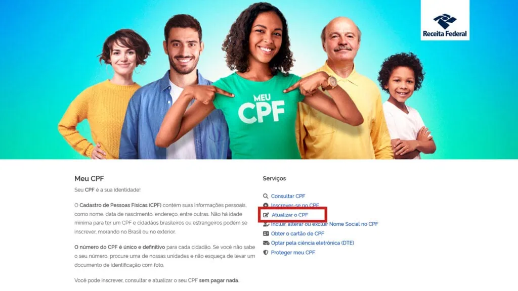 Veja como fazer ou atualizar o rg, cin, cpf, cnh, e-título e outros documentos online Página meu cpf destacando o botão atualizar cpf