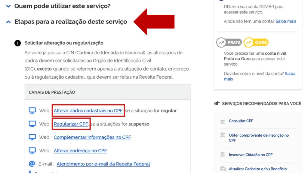 Veja como fazer ou atualizar o rg, cin, cpf, cnh, e-título e outros documentos online Página do gov. Br mostrando como solicitar a atualização do cpf no site da receita federal