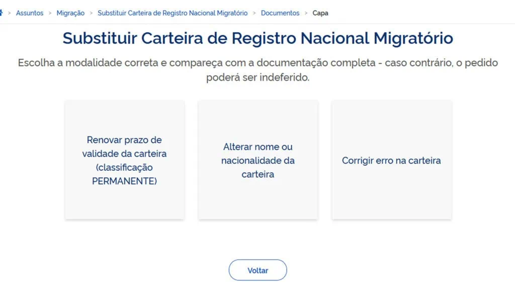 Veja como fazer ou atualizar o rg, cin, cpf, cnh, e-título e outros documentos online Página do gov. Br do registro nacional migratório mostrando opções de alteração na carteira