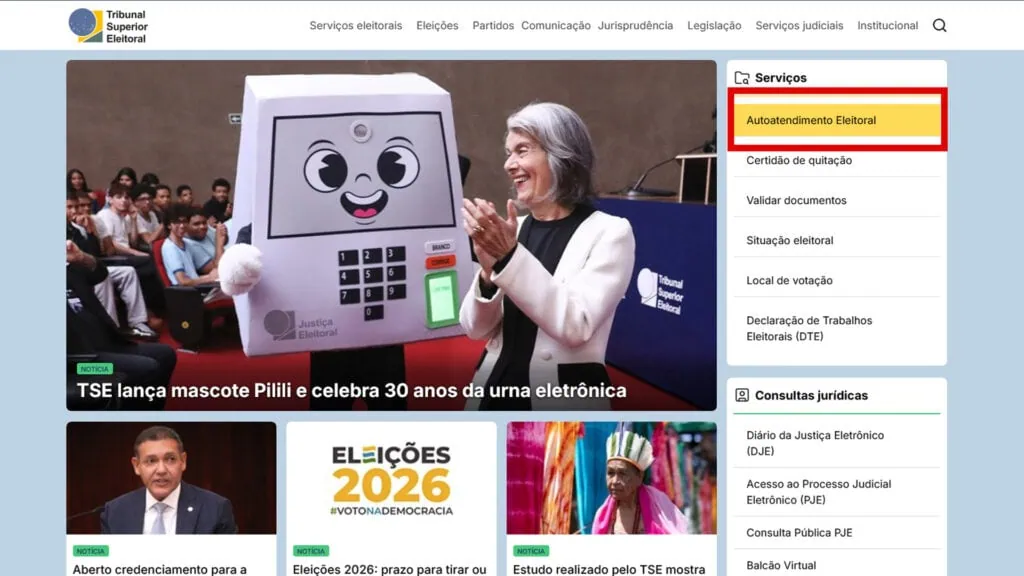 Veja como fazer ou atualizar o rg, cin, cpf, cnh, e-título e outros documentos online Site inicial do tse destacando onde achar o autoatendimento eleitoral. De destaque há a notícia do lançamento do mascote pilili